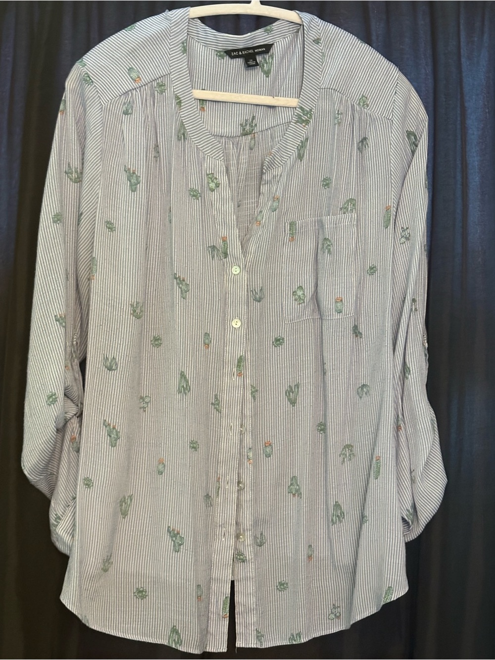 Blue Striped Cactus Print Button-Up Women's Blouse